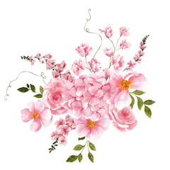 Watercolor bouquet with hand draw spring flowers in color of pink powder, isolated on white background, sweet pea floral, green grass and leaves.