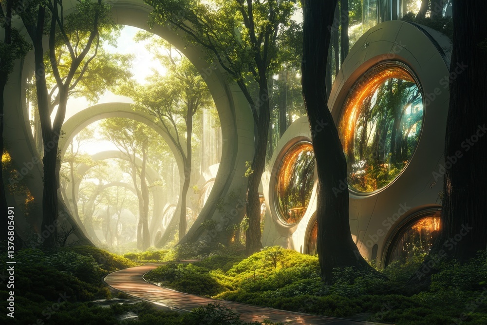 Poster unique futuristic architecture blends with nature in a serene forest setting