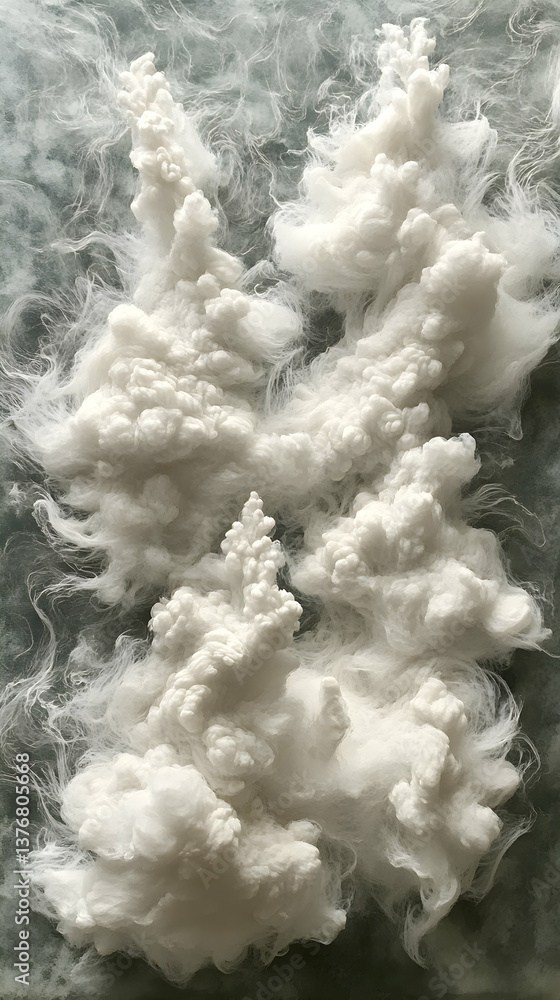 Poster voluminous layered white clouds drift across a textured muted backdrop their soft edges blending wit