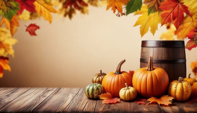 thanksgiving fall autumn background or backdrop for photos or wallpaper with pumpkins and barrels and beautiful colored leaves