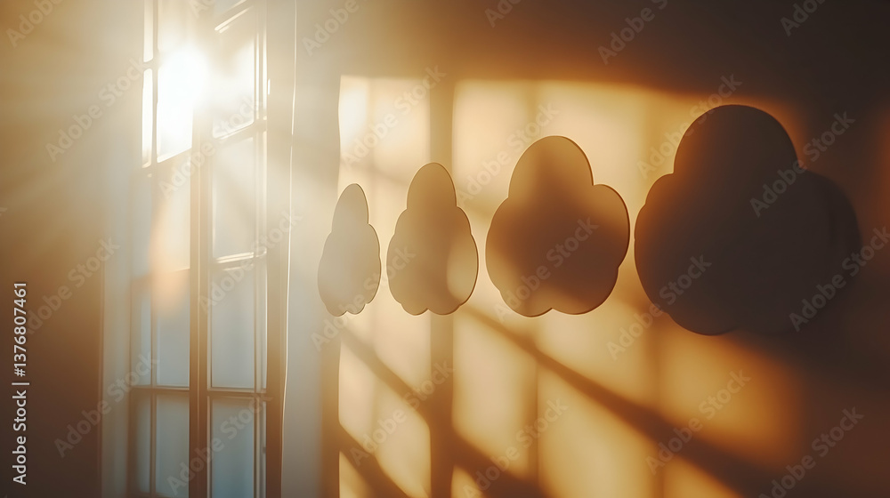 Poster warm light streams through a window illuminating cloud-shaped decor on the wall with soft shadows