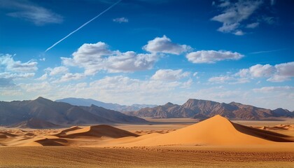 a serene desert landscape with mountains clouds and sandy dunes under a blue sky