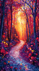 Warm sunlight streams through a vibrant forest A path glows surrounded by trees painted in a pointillistic style with