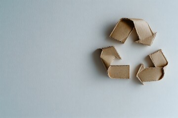 Recycling symbol made from torn cardboard pieces arranged on light background, representing environmental sustainability and waste reduction concept.