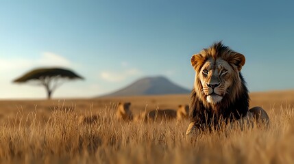Fototapeta premium Majestic male lion with dark mane resting in tall golden savanna grass during sunset, with iconic African acacia tree and mountain silhouette in background.