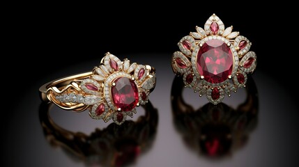 A photo of a ruby-studded ring and earrings set.