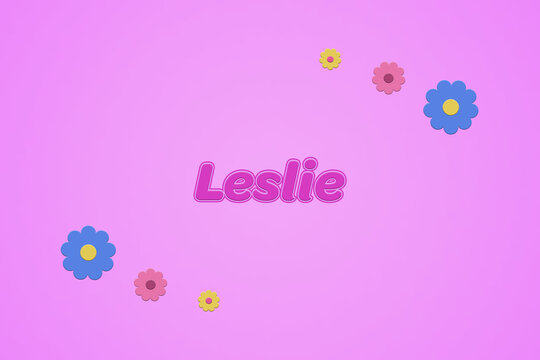Leslie female girl name illustration in pink with blossoms, flowers