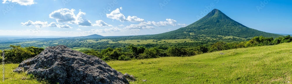 Poster mountain is in the background of a field with a large rock in the foreground