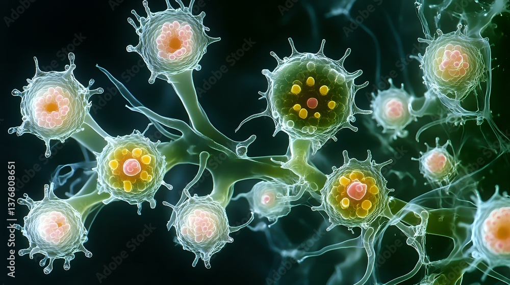 Poster microscopic view of glowing virus cells connected by neural pathways on dark background, scientific 