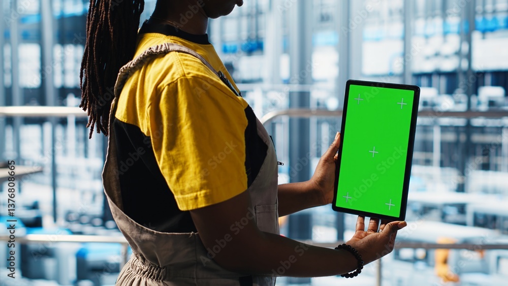 Poster robotics technician using chroma key device in smart factory calibrating iot sensors, close up. engi