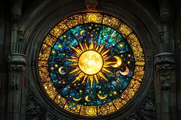 Fototapeta premium celestial stained glass artwork depicting moon phases and constellations around a glowing sun center, in jewel tones, intricate lead framing