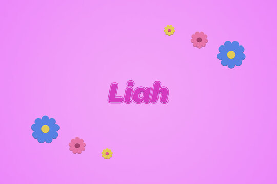 Liah female girl name illustration in pink with blossoms, flowers