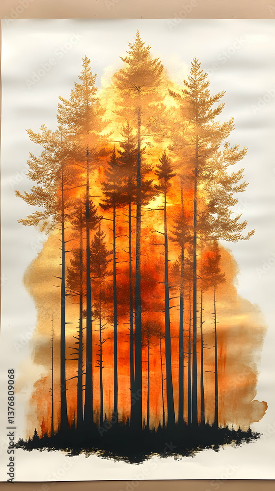 Poster warm-toned trees stand in contrast to the light backdrop adding depth and visual interest to the sce