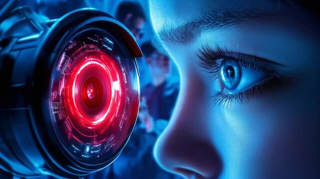 Technological interface between human eye and advanced cybernetic scanning device, featuring intricate red-illuminated circular mechanism and detailed human eye in technological environment
