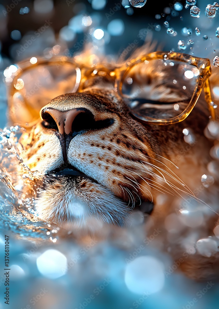 Poster close-up of cheetah nose and whiskers with magical bokeh light effects and water drops creating drea