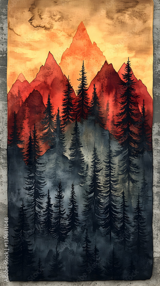 Poster watercolor image of a forest with tall trees in the foreground and mountains in the background under