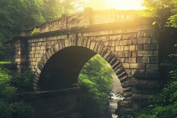 Historic stone bridge surrounded by lush greenery in a serene forest setting