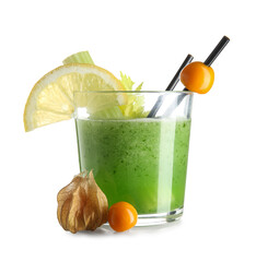Glass of green bloody mary cocktail with celery, lemon and physalis berries on white background