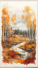 Watercolor landscape displays autumnal trees with orange foliage and a tranquil stream reflecting the sky