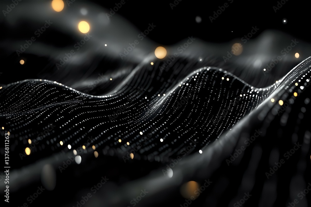 Poster abstract digital wave pattern with glowing particles and bokeh lights on dark background creating fu