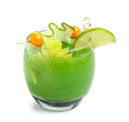 Glass of green bloody mary cocktail garnished with physalis berries and cucumber slice on white...