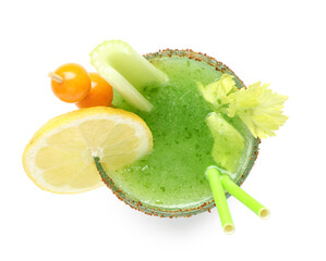 Glass of green bloody mary cocktail garnished with physalis berries and lemon on white background