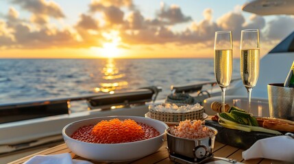 Luxurious lifestyle photo of yacht deck dining scene featuring caviar champagne and a scenic ocean sunset shot in high resolution cinematic photography