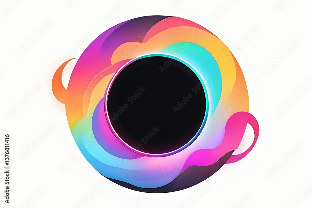 Poster abstract colorful fluid circular shape with black center on white background, rainbow gradient swirl