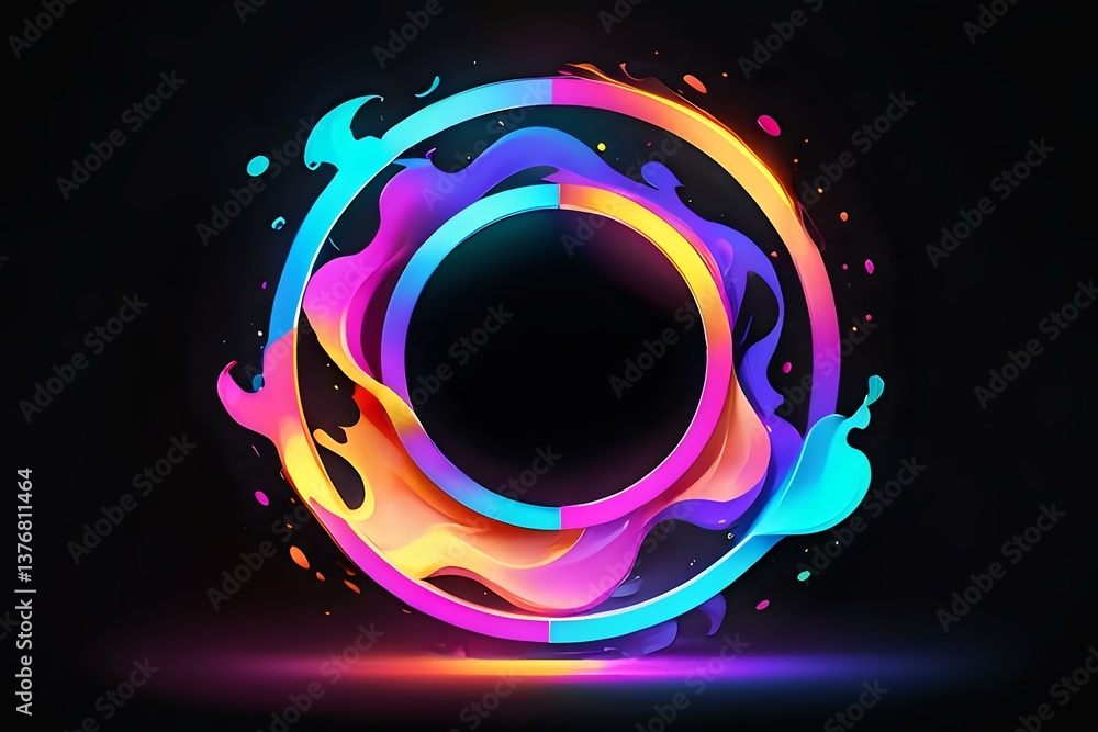 Poster vibrant liquid rainbow circle frame with flowing neon colors and splashing effect on dark background