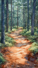 Obraz premium Watercolor painting depicts a sunlit path winding through a dense forest of tall trees highlighting light shadow and