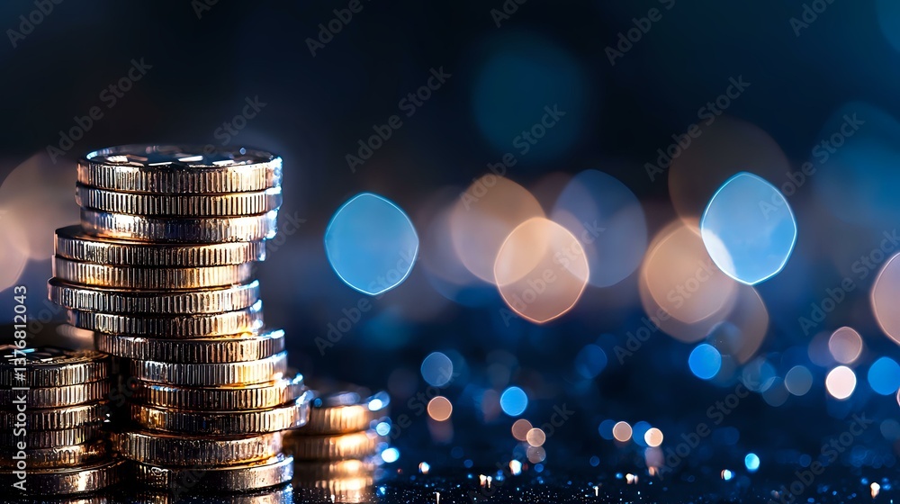 Poster stack of silver and gold coins on dark background with blue bokeh lights creating financial atmosphe