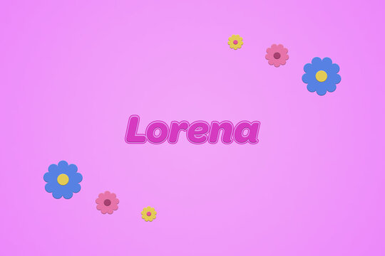 Lorena female girl name illustration in pink with blossoms, flowers