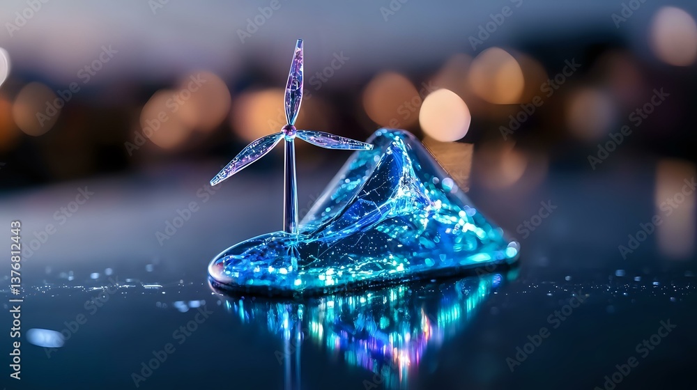 Poster glowing blue wind turbine model floating on reflective surface with bokeh lights background creates 