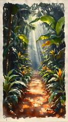 Fototapeta premium Watercolor path through dense jungle foliage sunlight filtering through trees highlighting flowers and path