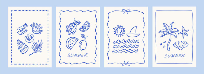Hand drawn summer poster set. Dolce vita concept. Modern prints with palm tree, sun, fruits, seashells, vacation and beach icons. Minimalist line art. Vector illustration for invitations, prints.