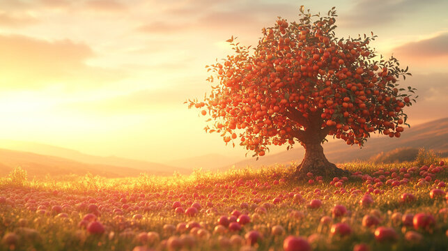 A tree of blessings with ripe fruit, symbolizing abundance, prosperity, and growth, representing a bountiful harvest and the rewards of patience and care in modern times.

