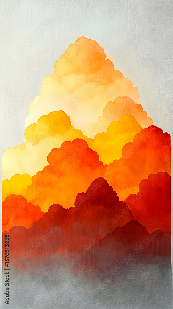 Poster watercolor style painting of a cloudscape with a gradient from white to red using a canvas texture f