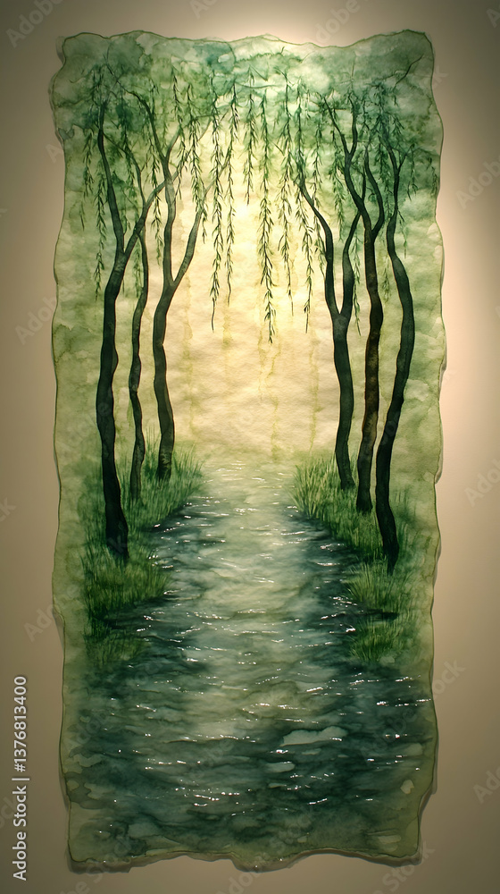 Aufkleber watercolor view of weeping trees lining a flowing stream with grass and a sunny background green and