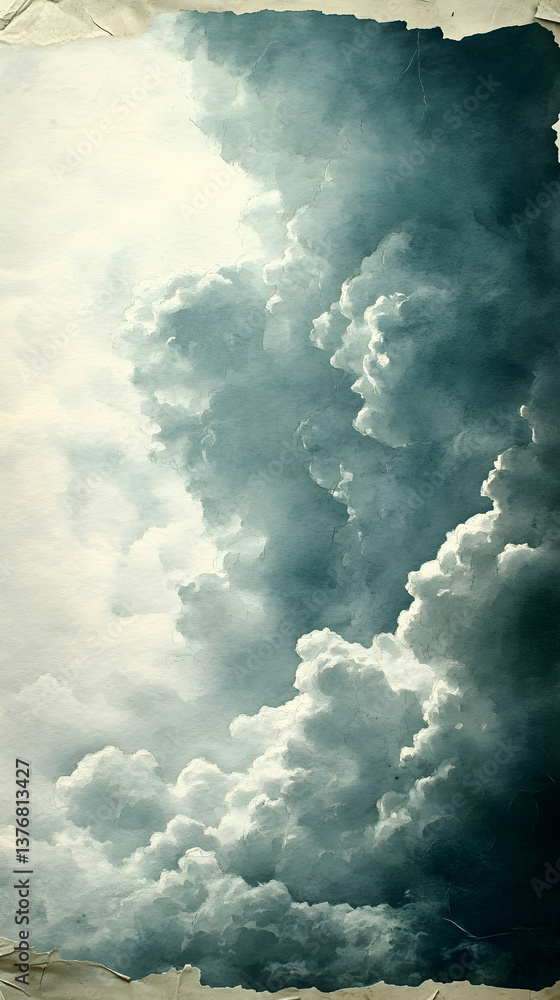 Poster watercolor-esque sky art features wispy white clouds blending into teal tones creating an ethereal a