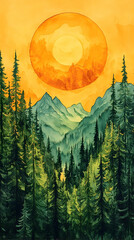 Watercolor vista of green forest and mountain range under a big orange sun Serene nature scene