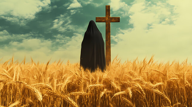 An enigmatic figure stands veiled behind a large cross, with its silhouette contrasting the expansive golden wheat field. generative ai. Veiled Symbols. Illustration