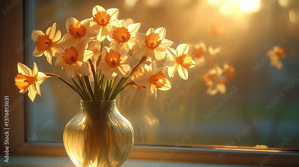 Poster fresh spring daffodils in glass vase on windowsill with warm sunlight streaming through, creating so