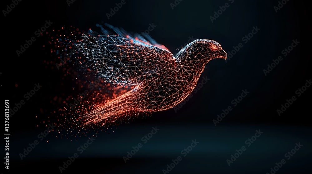 Poster glowing digital dove made of connected dots and lines flying against dark background, with particle 