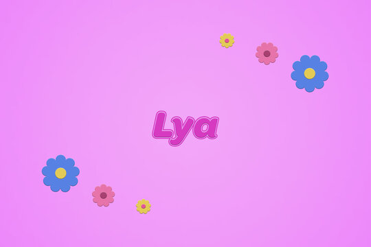 Lya female girl name illustration in pink with blossoms, flowers