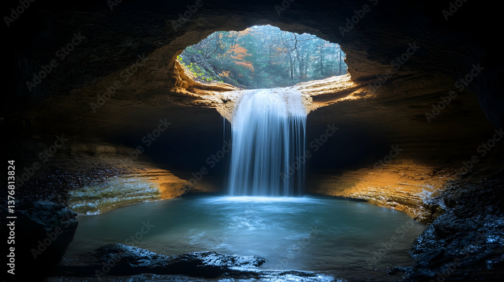 Poster waterfall plunges into pool beneath cavern opening illuminating stone and lush trees in the backgrou