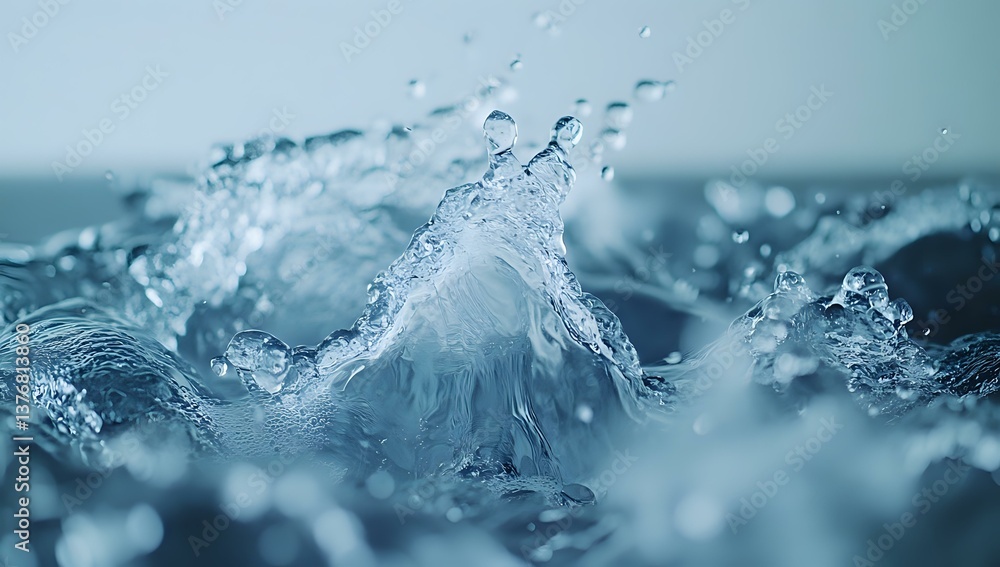 Poster dynamic water splash captured in macro photography showing crystalline droplets and waves creating n