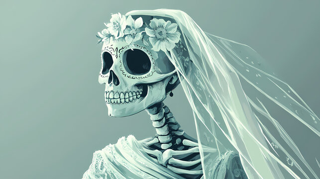 Dia de los muertos, day of the dead, is symbolized by a bride skeleton wearing a veil and a wedding dress. Veiled Symbols. Illustration