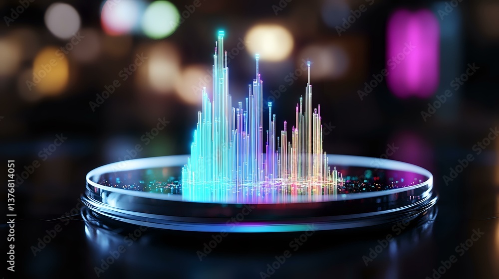 Poster glowing multicolored sound waves rise from circular device against dark background with bokeh lights