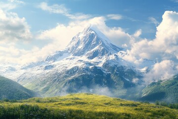 Fototapeta premium Majestic snow-capped mountain rises above lush green meadow under a bright sky