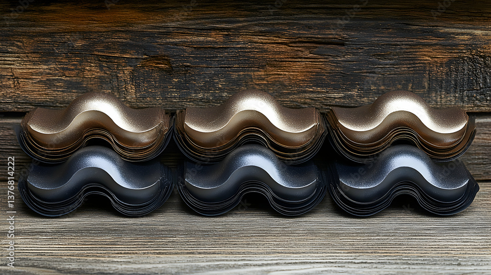 Poster wavy bronze gray objects stacked against a rustic wood backdrop curves metal textures make for an in